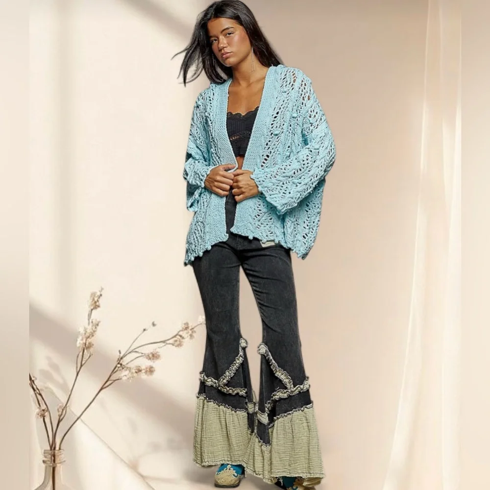 POL Baby Blue Crochet Hooded Open Knit Cardigan Sweater - Picture 7 of 11